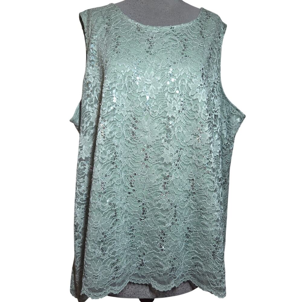 Green Lace Sequin Sleevless Blouse Size 28W